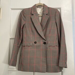 H&M Longline Double Breasted Herringbone Plaid Blazer